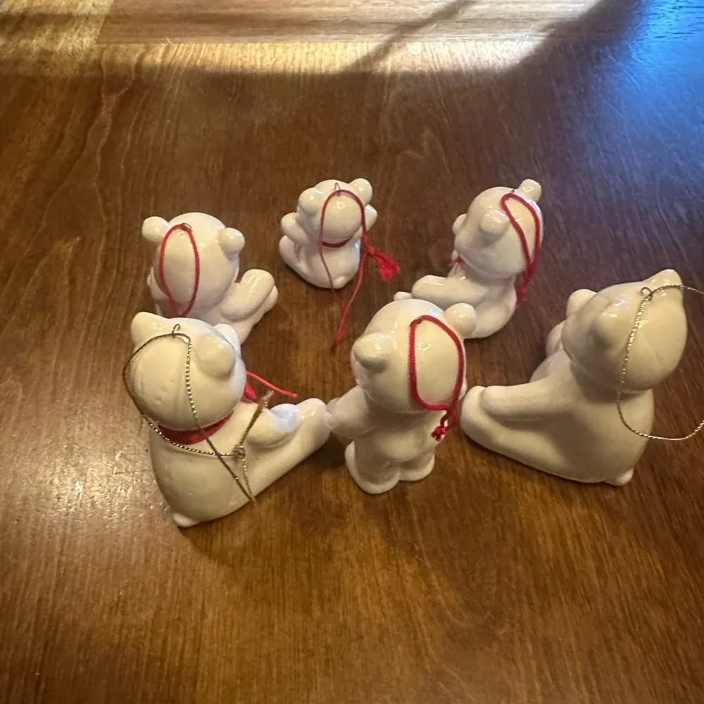 Vintage White Bear Ornament Set with Red Accents